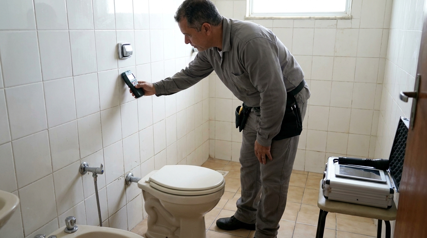Técnico de caça vazamento analisando tubulação em Macaé‑RJ